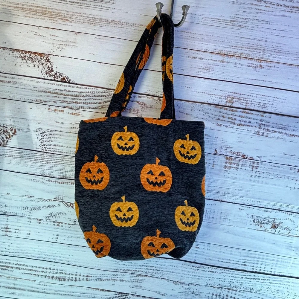 Tote Bag Black Orange Chenille Pumpkin Halloween Kitsch Spooky Jack O Lantern
